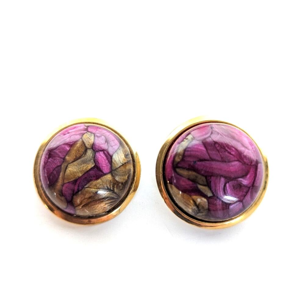 Vtg 80s Chic Watercolor Art to Wear Faux Purple Turquoise Hollow Stud Earrings